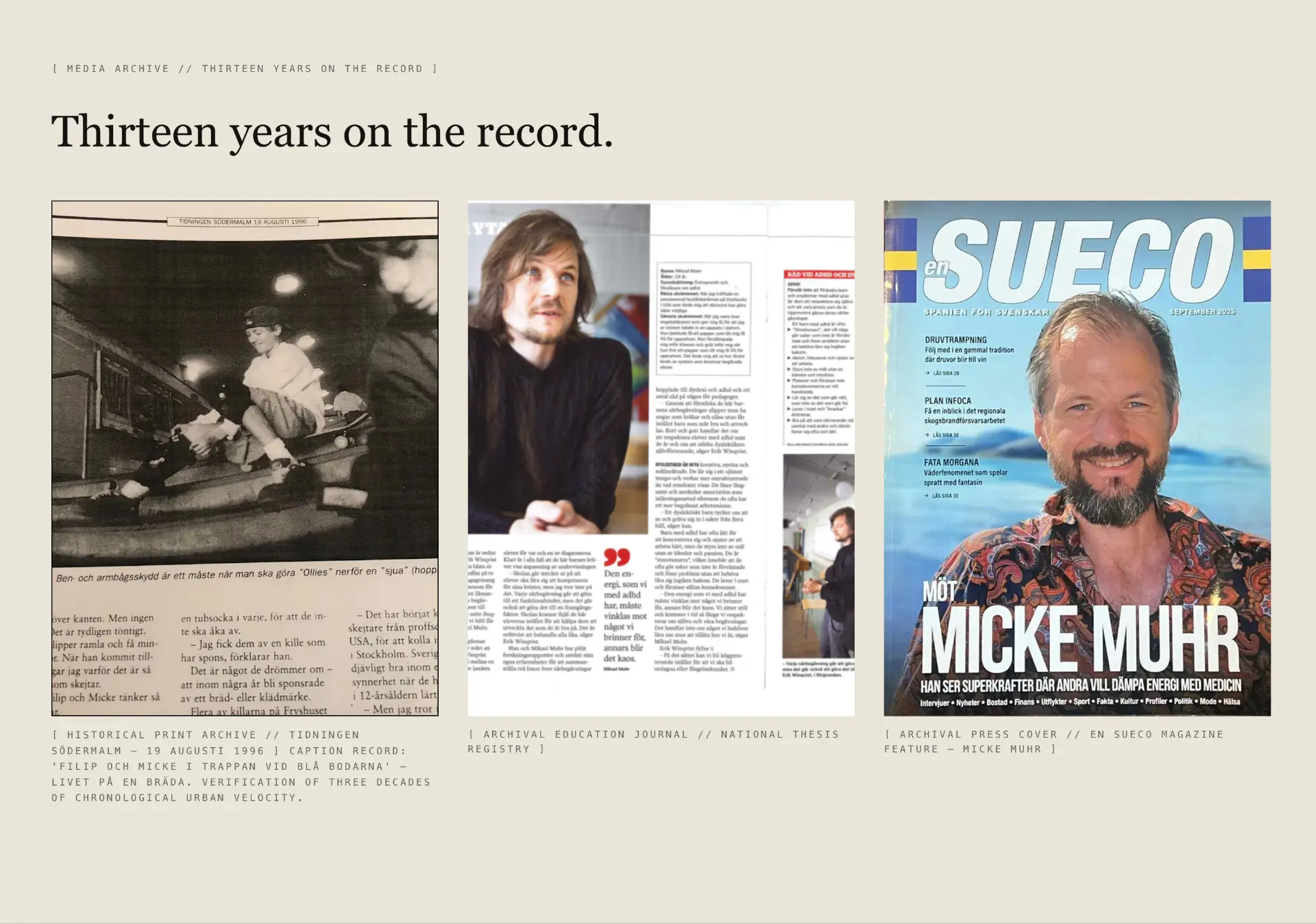 Thirteen years on the record — Swedish press archive clips and En Sueco magazine cover featuring Micke Muhr